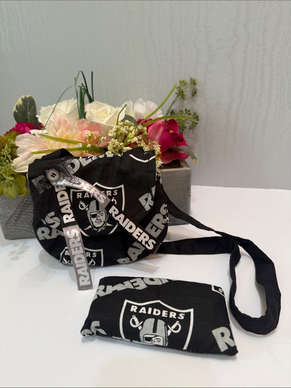 Hand Crafted Raiders Fabric Mini Bag and Purse Size Tissue Holder Game Day NFL